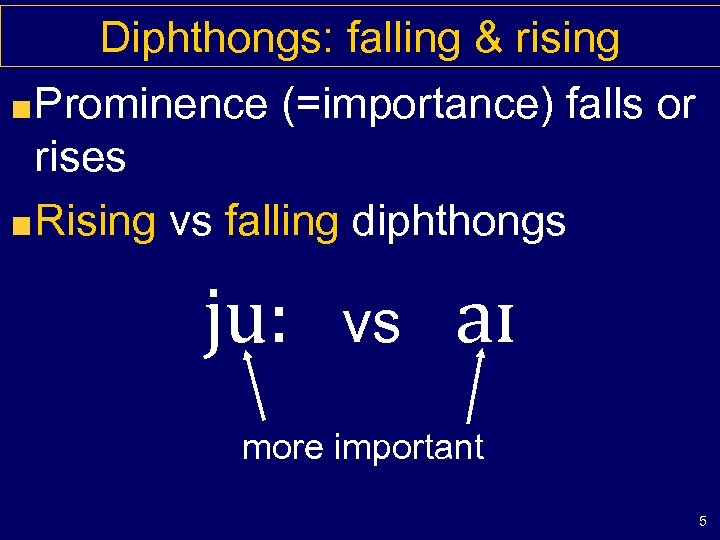 Diphthongs: falling & rising Prominence (=importance) falls or rises Rising vs falling diphthongs ju:
