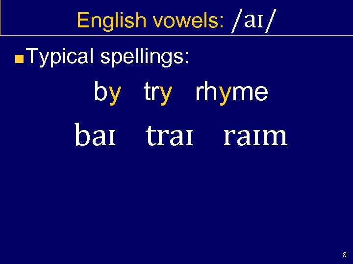 English vowels: /aɪ/ Typical spellings: by try rhyme baɪ traɪ raɪm 8 