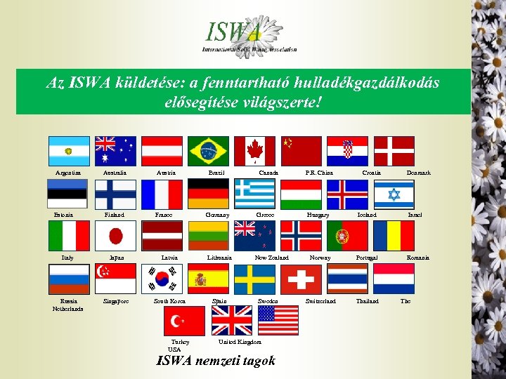 Az ISWA küldetése: a fenntartható hulladékgazdálkodás elősegítése világszerte! Argentina Australia Austria Brazil Canada P.