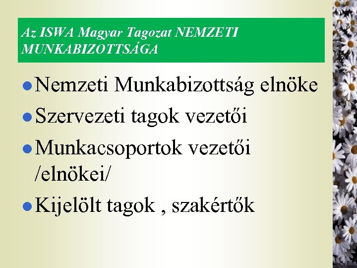 Az ISWA Magyar Tagozat NEMZETI MUNKABIZOTTSÁGA l Nemzeti Munkabizottság elnöke l Szervezeti tagok vezetői