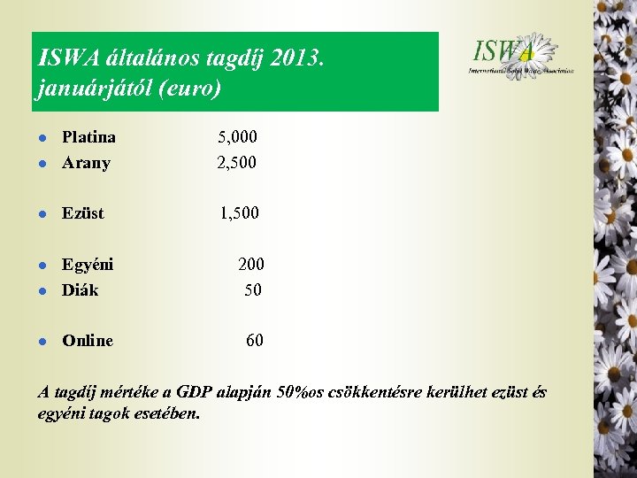 ISWA általános tagdíj 2013. januárjától (euro) l Platina 5, 000 Arany 2, 500 l