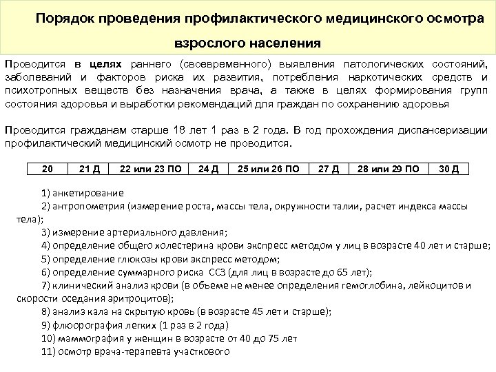 Порядок проведения профилактического медицинского осмотра взрослого населения Проводится в целях раннего (своевременного) выявления патологических