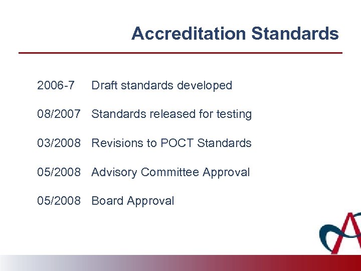 Accreditation Standards 2006 -7 Draft standards developed 08/2007 Standards released for testing 03/2008 Revisions