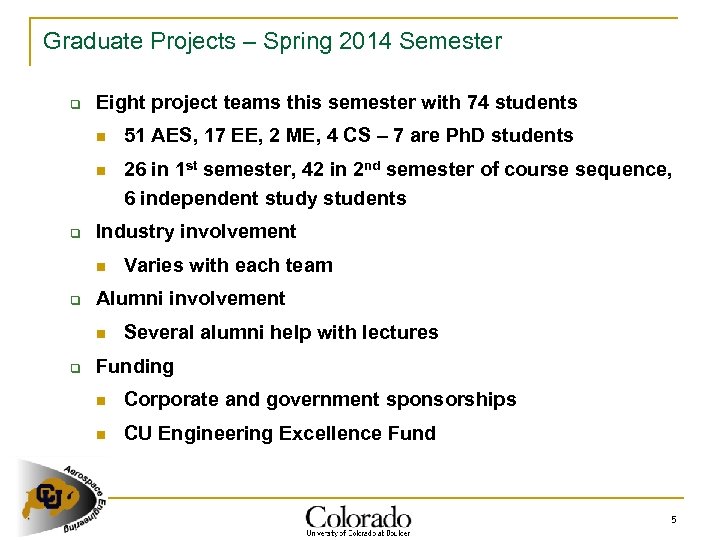 Graduate Projects – Spring 2014 Semester q Eight project teams this semester with 74