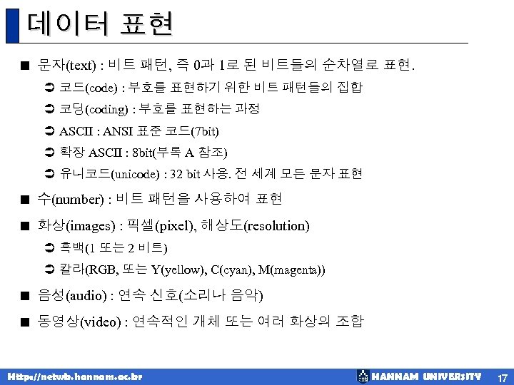 데이터 표현 < 문자(text) : 비트 패턴, 즉 0과 1로 된 비트들의 순차열로 표현.
