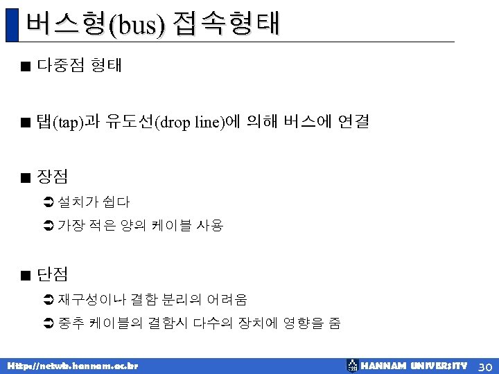 버스형(bus) 접속형태 < 다중점 형태 < 탭(tap)과 유도선(drop line)에 의해 버스에 연결 < 장점