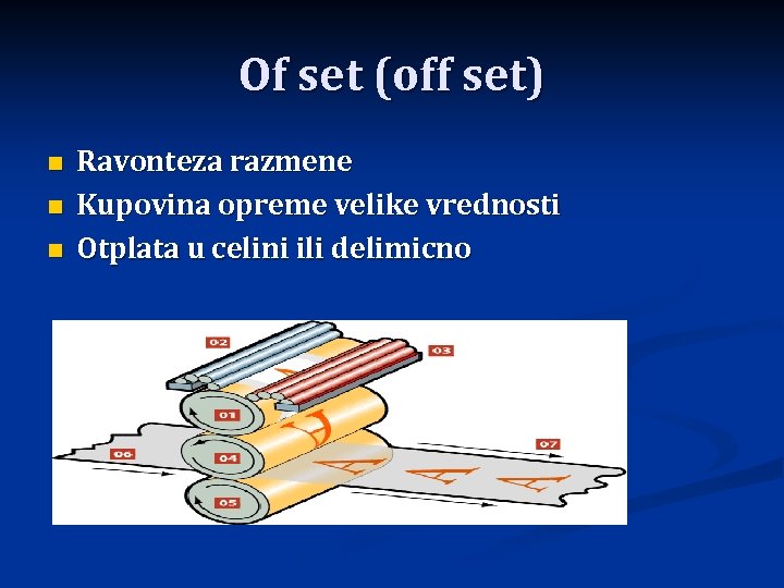 Of set (off set) n n n Ravonteza razmene Kupovina opreme velike vrednosti Otplata