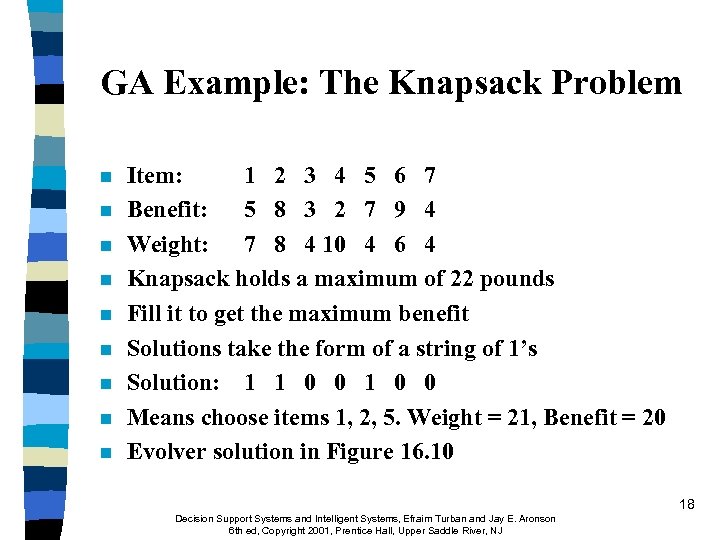 GA Example: The Knapsack Problem n n n n n Item: 1 2 3