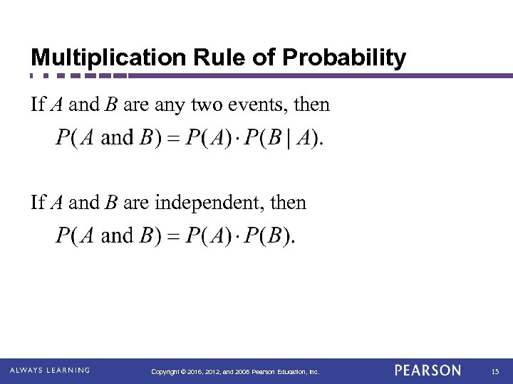 Multiplication Rule of Probability If A and B are any two events, then If