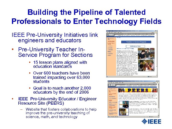 Building the Pipeline of Talented Professionals to Enter Technology Fields IEEE Pre-University Initiatives link