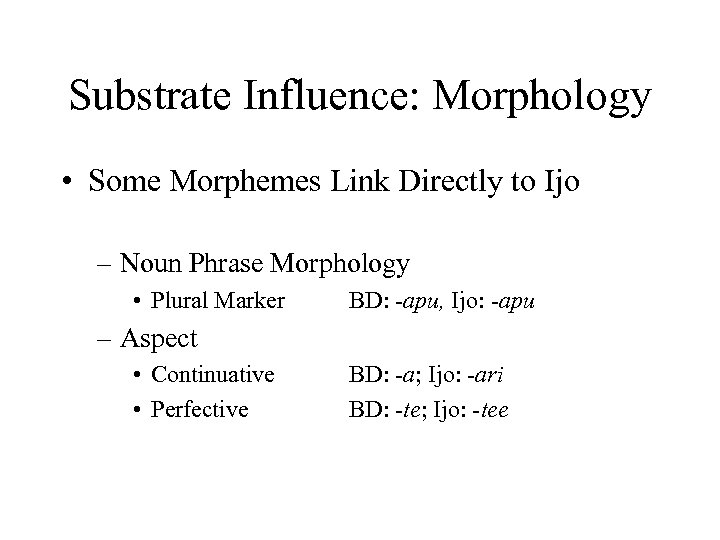 Substrate Influence: Morphology • Some Morphemes Link Directly to Ijo – Noun Phrase Morphology