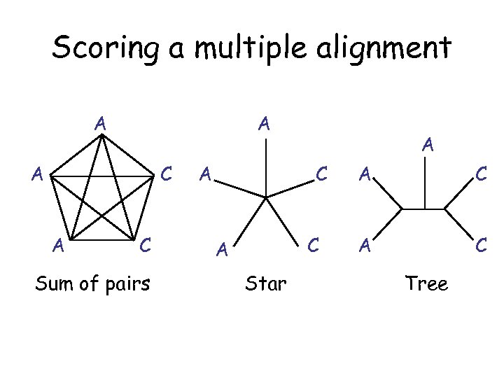 Scoring a multiple alignment A A A C Sum of pairs A A C