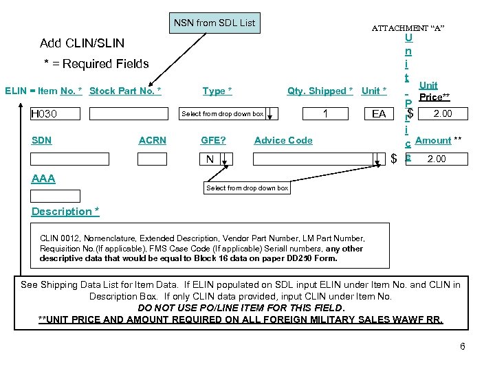 NSN from SDL List Add CLIN/SLIN * = Required Fields ELIN = Item No.