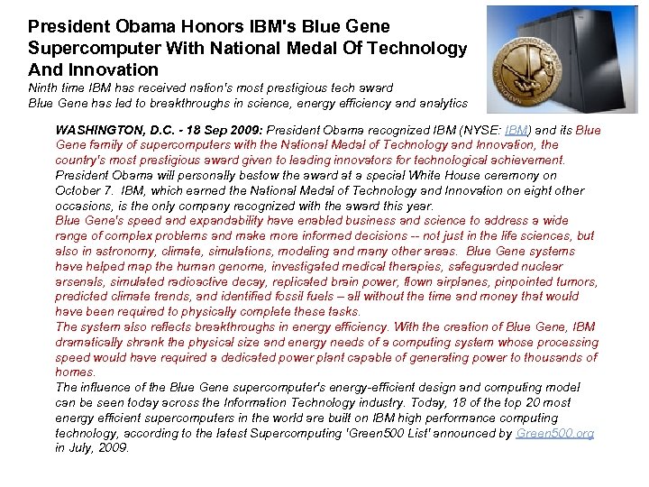 President Obama Honors IBM's Blue Gene Supercomputer With National Medal Of Technology And Innovation