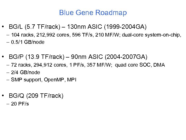 Blue Gene Roadmap • BG/L (5. 7 TF/rack) – 130 nm ASIC (1999 -2004