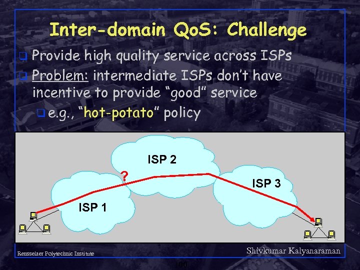 Inter-domain Qo. S: Challenge Provide high quality service across ISPs q Problem: intermediate ISPs