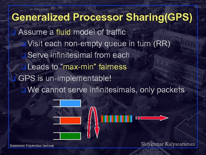 Generalized Processor Sharing(GPS) Assume a fluid model of traffic q Visit each non-empty queue