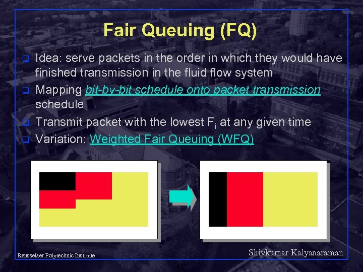 Fair Queuing (FQ) q q Idea: serve packets in the order in which they