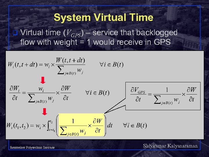 System Virtual Time q Virtual time (VGPS) – service that backlogged flow with weight