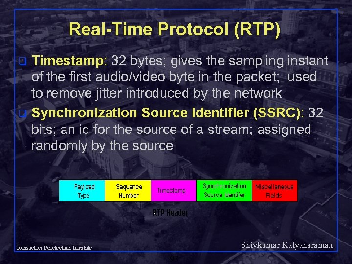 Real-Time Protocol (RTP) Timestamp: 32 bytes; gives the sampling instant of the first audio/video