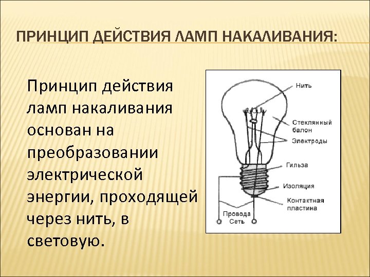 ПРИНЦИП ДЕЙСТВИЯ ЛАМП НАКАЛИВАНИЯ: Принцип действия ламп накаливания основан на преобразовании электрической энергии, проходящей