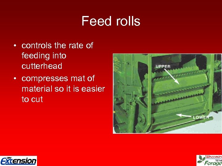 Feed rolls • controls the rate of feeding into cutterhead • compresses mat of