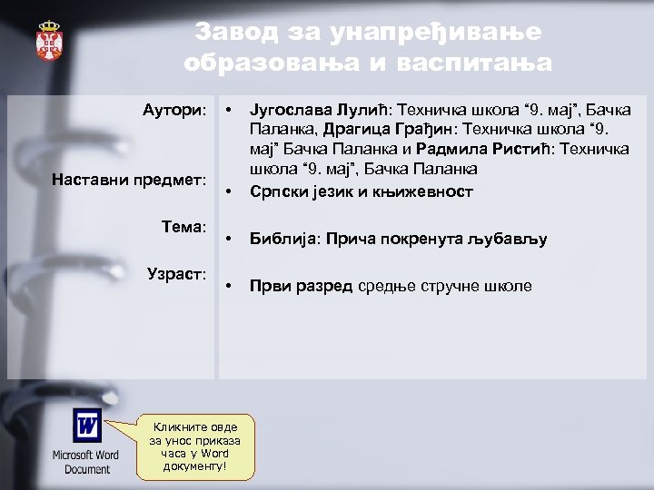Завод за унапређивање образовања и васпитања Аутори: Наставни предмет: Тема: Узраст: • • Југослава