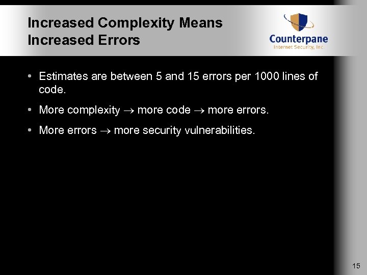 Increased Complexity Means Increased Errors • Estimates are between 5 and 15 errors per