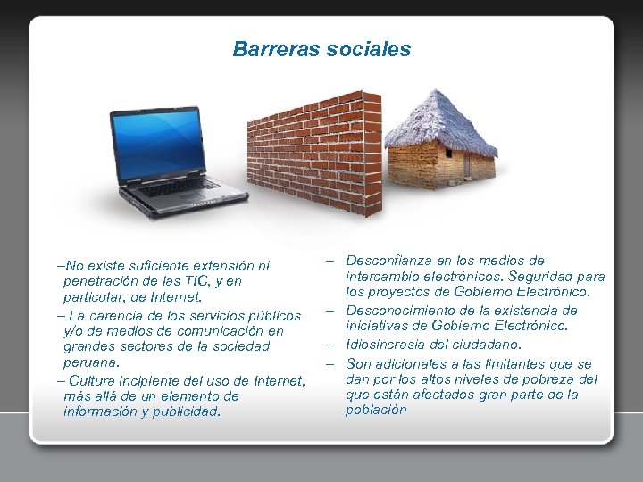 Barreras sociales –No existe suficiente extensión ni penetración de las TIC, y en particular,