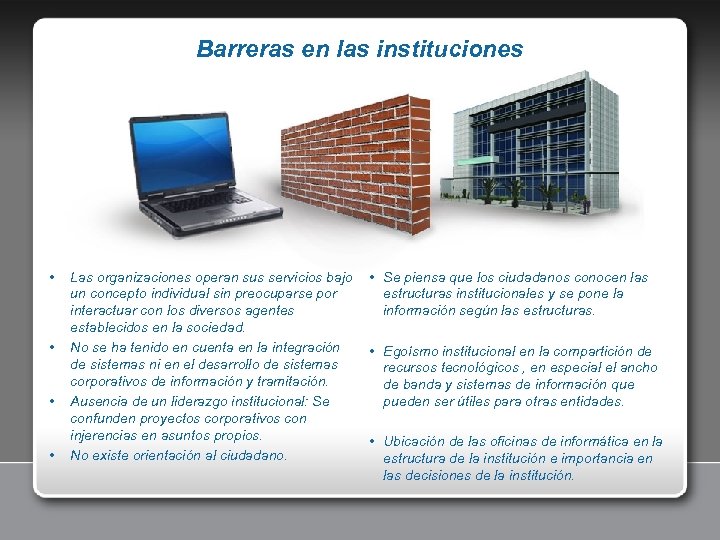 Barreras en las instituciones • • Las organizaciones operan sus servicios bajo un concepto