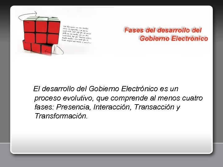 El desarrollo del Gobierno Electrónico es un proceso evolutivo, que comprende al menos cuatro