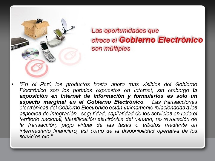  • “En el Perú los productos hasta ahora mas visibles del Gobierno Electrónico