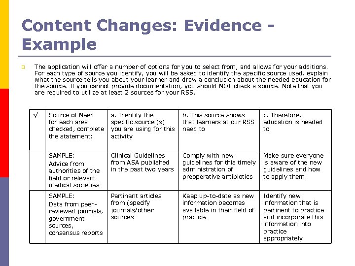 Content Changes: Evidence Example p The application will offer a number of options for