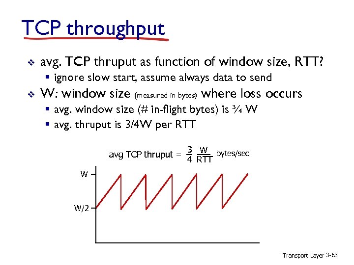 TCP throughput v avg. TCP thruput as function of window size, RTT? § ignore