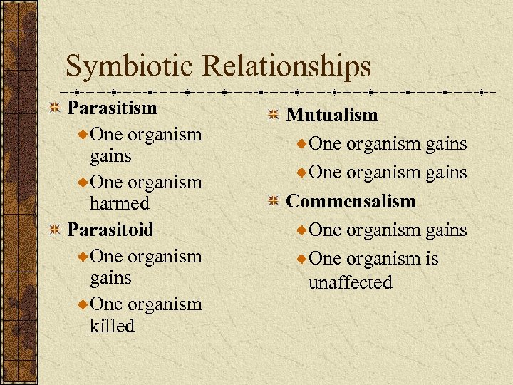 Symbiotic Relationships Parasitism One organism gains One organism harmed Parasitoid One organism gains One