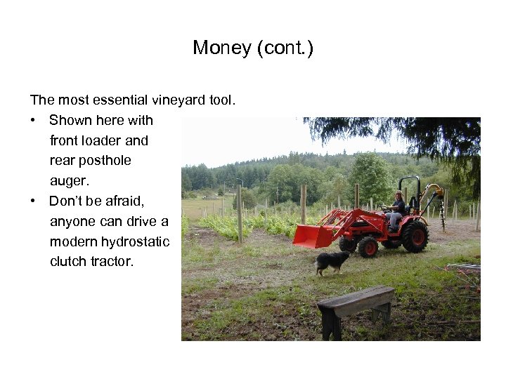 Money (cont. ) The most essential vineyard tool. • Shown here with front loader