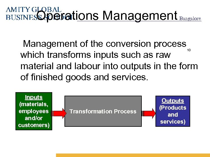 Operations Management Bangalore Management of the conversion process which transforms inputs such as raw