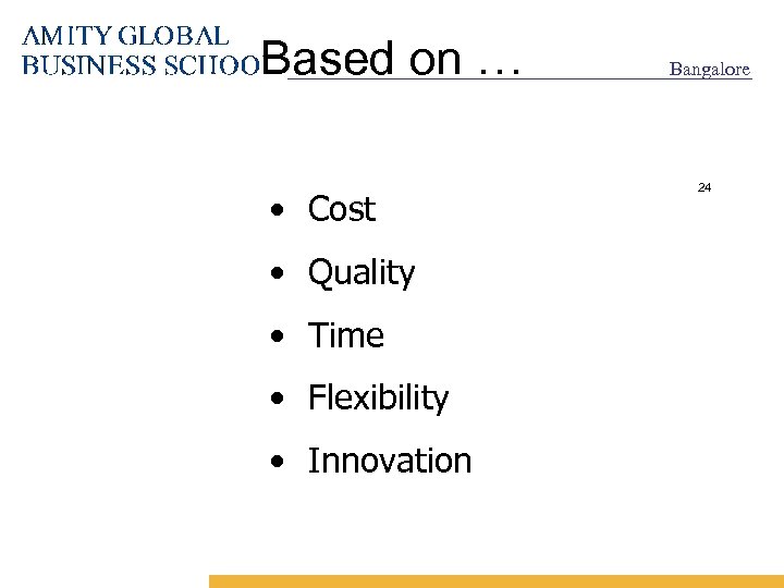 Based on … • Cost • Quality • Time • Flexibility • Innovation Bangalore