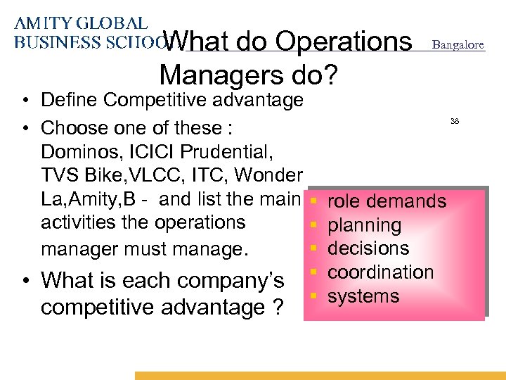 What do Operations Managers do? • Define Competitive advantage • Choose one of these