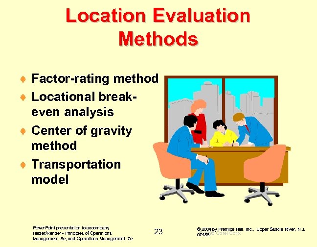 Location Evaluation Methods ¨ Factor-rating method ¨ Locational breakeven analysis ¨ Center of gravity