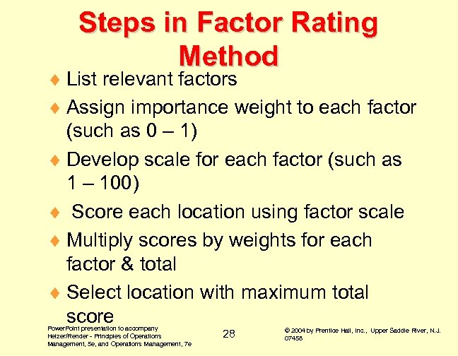 Steps in Factor Rating Method ¨ List relevant factors ¨ Assign importance weight to
