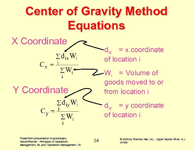 Center of Gravity Method Equations X Coordinate dix = x coordinate of location i