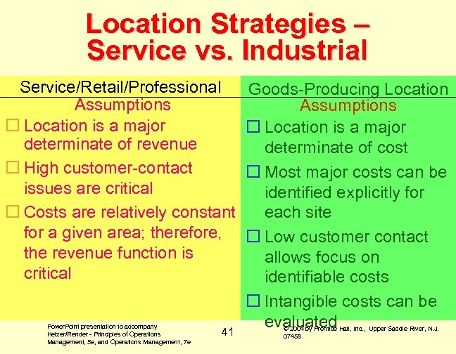 Location Strategies – Service vs. Industrial Service/Retail/Professional Assumptions o Location is a major determinate