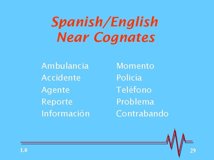 Spanish/English Near Cognates Ambulancia Accidente Agente Reporte Información 1. 8 Momento Policía Teléfono Problema