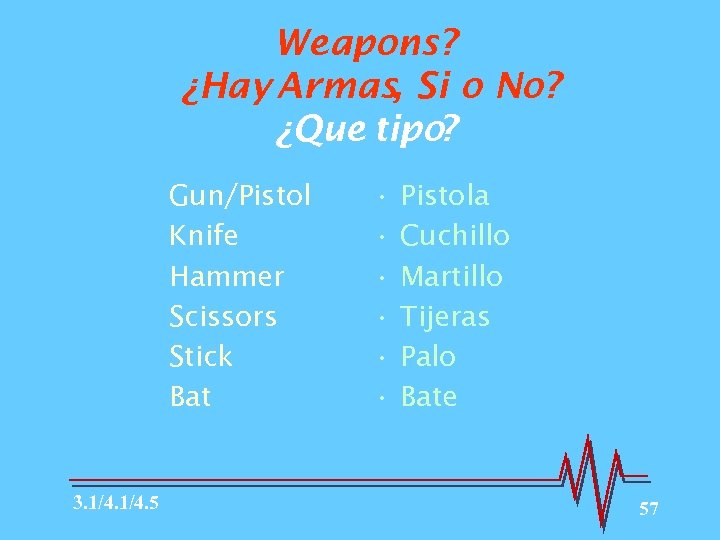 Weapons? ¿Hay Armas, Si o No? ¿Que tipo? Gun/Pistol Knife Hammer Scissors Stick Bat