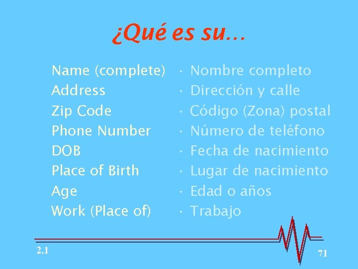 ¿Qué es su… Name (complete) Address Zip Code Phone Number DOB Place of Birth