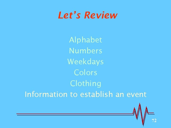 Let’s Review Alphabet Numbers Weekdays Colors Clothing Information to establish an event 72 