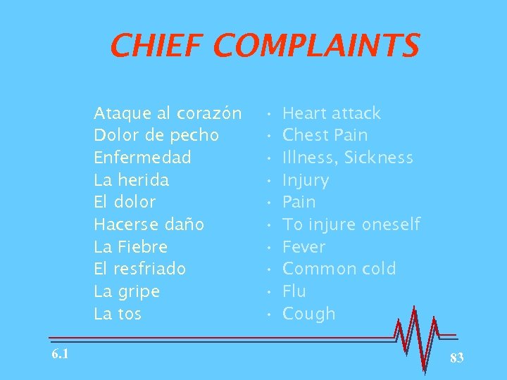 CHIEF COMPLAINTS Ataque al corazón Dolor de pecho Enfermedad La herida El dolor Hacerse