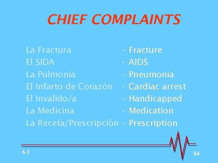 CHIEF COMPLAINTS La Fractura • El SIDA • La Pulmonía • El Infarto de