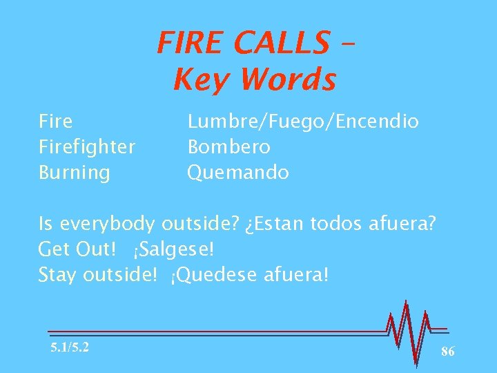 FIRE CALLS – Key Words Firefighter Burning Lumbre/Fuego/Encendio Bombero Quemando Is everybody outside? ¿Estan